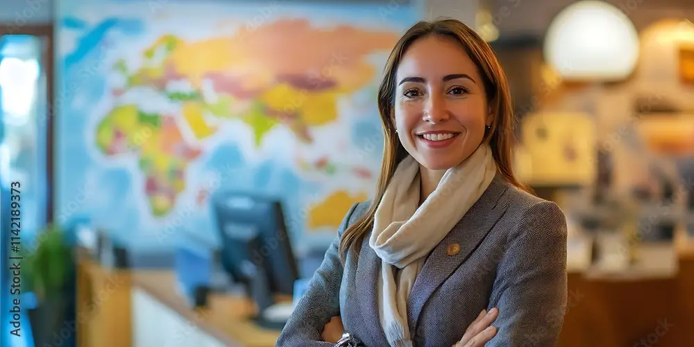 Travel agent standing confidently in a travel agency office, ready to assist clients